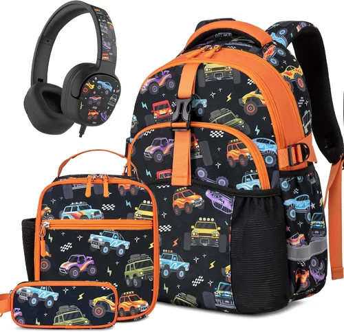 Vista 17 de Mochila infantil para niñas de 4 a 8 años, Blackorange-camión, Lindo