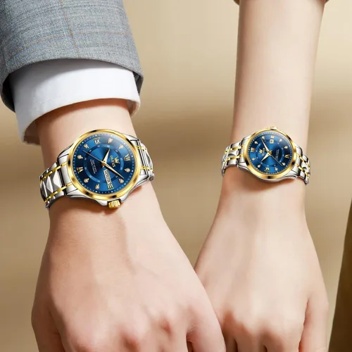 Vista 4 de OLEVS Reloj de cuarzo para parejas, calendario luminoso, fecha, negocios, formal, de lujo, para hombres y mujeres, impermeable, casual, acero
