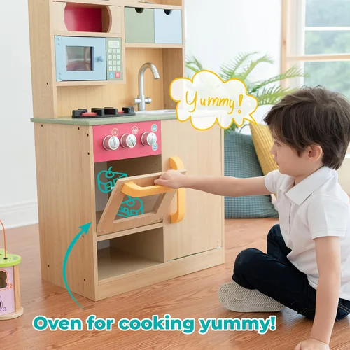 Vista 14 de Teamson Kids Little Chef Florence - Cocina interactiva clásica de madera con accesorios y espacio de almacenamiento para una fácil limpieza, grano