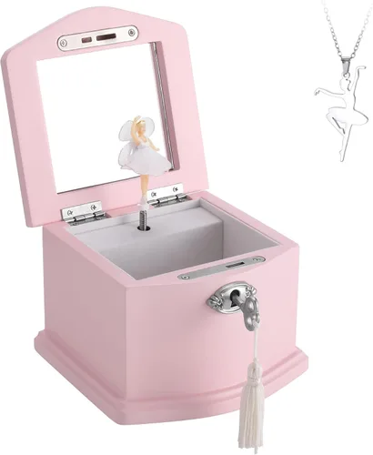 Vista 2 de Joyero musical de bailarina rosa con espejo y cerradura para niñas, baúl de música rosa para niños, regalo para Navidad, Año Nuevo, cumpleaños