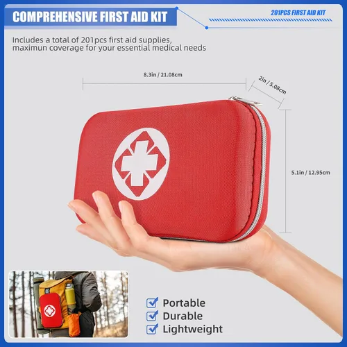 Vista 2 de Mini kit de primeros auxilios de viaje, kit de emergencia con 201 piezas de suministros de primeros auxilios y bolsa compacta impermeable, kit