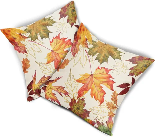 Vista 2 de Juego de 2 fundas de almohada de hojas de otoño, 18 x 18 pulgadas, juego de 2 fundas de almohada de lino y algodón cuadrado naranja claro