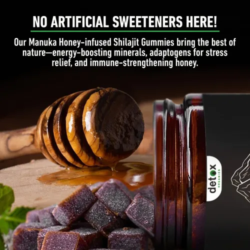 Vista 4 de Detox Organics Gomitas Shilajit - Auténtica mezcla de Shilajit con Ashwagandha del Himalaya y miel de manuka orgánica endulzada - Hechas