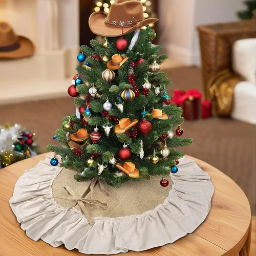 Vista 4 de Mini Falda de Arpillera para Árbol de Navidad con Borde con Volantes, Decoraciones para Árbol de Navidad Pequeño de 24 Pulgadas Ornamentos para Mesa