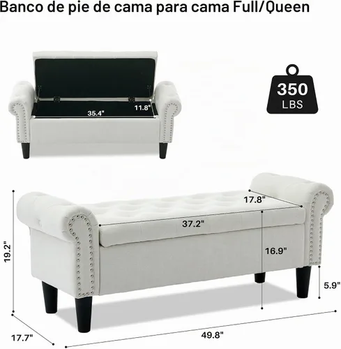 Vista 2 de SOFTHION Banco de almacenamiento de 50 pulgadas para dormitorio, tapizado de lino, beige