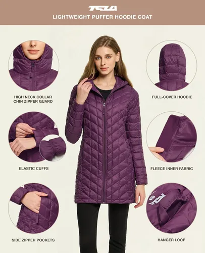 Vista 3 de TSLA Chaquetas acolchadas ligeras y plegables para mujer con capucha, abrigo largo de invierno resistente al agua