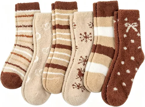 Vista 12 de YSense Calcetines mullidos y mullidos para mujer, 6 pares, calcetines de Negro Marrón Blanco Caqui