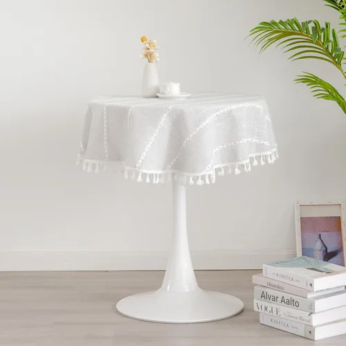Vista 10 de Mantel redondo rústico pequeño lavable a rayas jacquard de lino resistente estilo granja con borlas para cocina, comedor, fiesta, decoración de Café