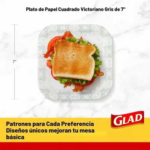 Vista 6 de Glad Platos desechables de papel cuadrados, patrón gris victoriano - Platos decorativos fuertes, robustos, impermeables y aptos para microondas