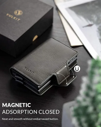 Vista 5 de VULKIT Credit Card Holder RFID Blocking Leather Automatic Pop Up Wallet Magnetic Wallet Double Card Case for Men and Women