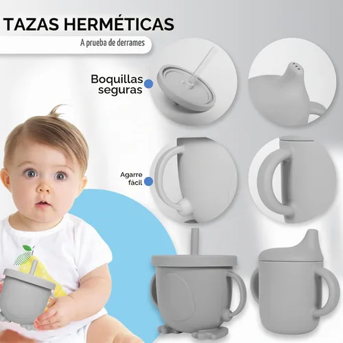 Vista 5 de Bluet B - Set de alimentación de bebé de silicona con chupete - Suministros de destete LED para bebés - Cucharas para bebés, cuenco de succión Gris