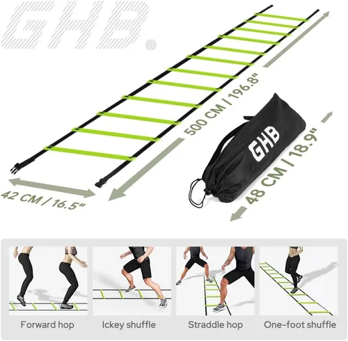 Vista 5 de GHB Pro Agility Ladder Agility Training Ladder Speed 12 Rung 20ft with Carrying Bag Verde