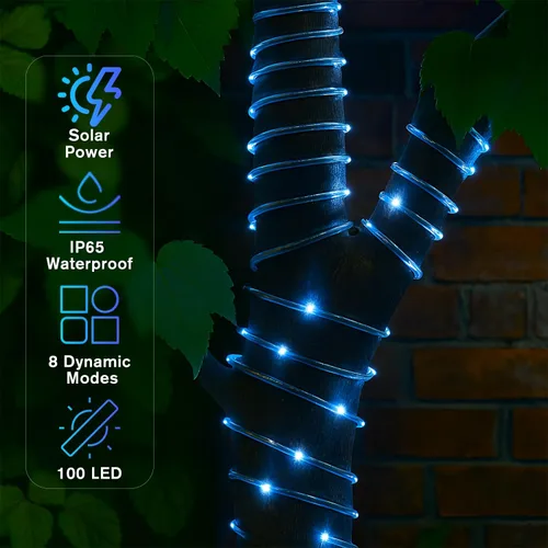 Vista 2 de ANJAYLIA Cuerda de luces solares de 33 pies con 100 luces LED para exteriores, impermeable, funciona con energía solar con 8 modos para exteriores