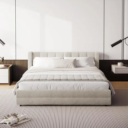 Vista 7 de DEINPPA Bastidor de cama tamaño Queen con 4 cajones de almacenamiento y cabecera suave tipo nube, base de madera con tapizado de chenilla, no Beige