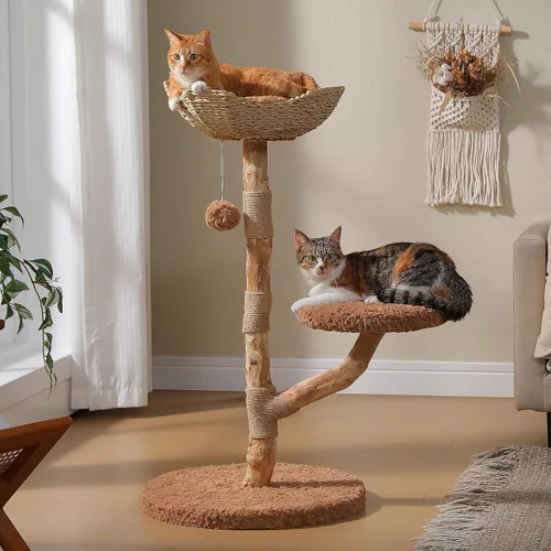 Vista 11 de MUTTROS Árbol de gato de madera con flores, torre de gato moderna con ramas de madera real, muebles de lujo boho con poste para rascar y 2 perchas