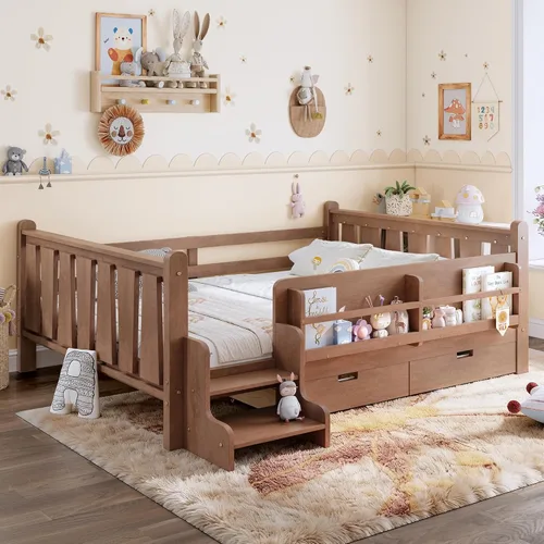 Vista 4 de Cama Montessori de tamaño matrimonial con estantería, cajones de Natural