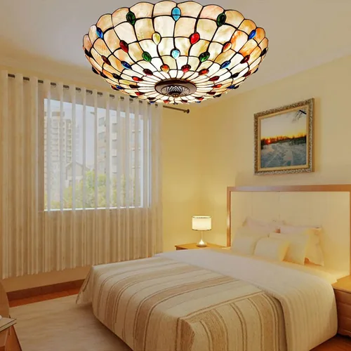 Vista 4 de Tiffany - Lámpara de techo de montaje empotrado, lámpara de techo LED de vitral, hecha a mano con cuentas de vidrio de colores azules