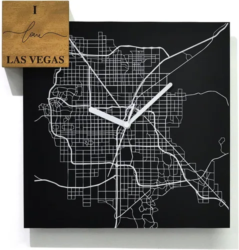 Vista 26 de Modern Wall Clock - Black Aluminum with Silver Fiber Laser Engraving - Square - Contemporary Design - Personalized City Map - Home Town - Location