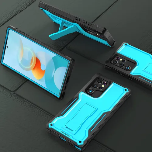 Vista 6 de ExoGuard Funda para Samsung Galaxy S22 Ultra, funda de goma resistente a prueba de golpes con soporte incorporado (azul)