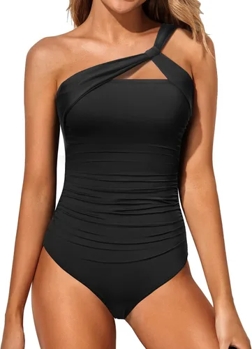 Vista 17 de Women's One Shoulder One Piece Tummy Control Swimsuit Full Coverage Diseño de ojo de cerradura, ajuste de cobertura completa, estilo modesto Negro