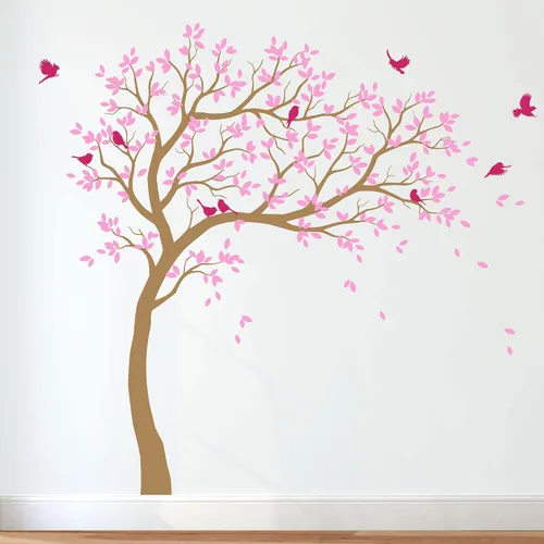 Vista 3 de Calcomanías de pared para árbol grande, calcomanías de árbol inclinado con pájaros, mural de vinilo decorativo KW032
