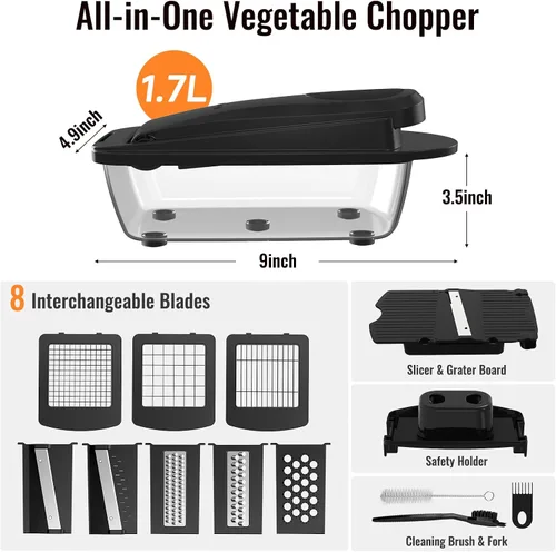 Vista 2 de Picador de verduras todo en uno de 8 cuchillas con contenedor, picador de alimentos, picador de cebolla, cortador de verduras para ensalada, Negro