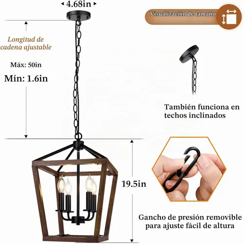 Vista 4 de Lámpara de araña estilo granja para cocina y comedor, lámpara colgante rústica de 4 luces para techo con altura ajustable en acabado de madera