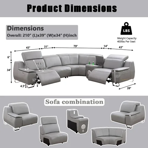 Vista 2 de Juego seccional de cuero de grano superior para sala de estar, puerto de carga USB, sillón reclinable eléctrico convertible para casa, sala