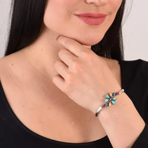 Vista 2 de American West Sterling Silver Womens Cuff Bracelet Choice of Gemstone Cluster Design Size Small Medium Large