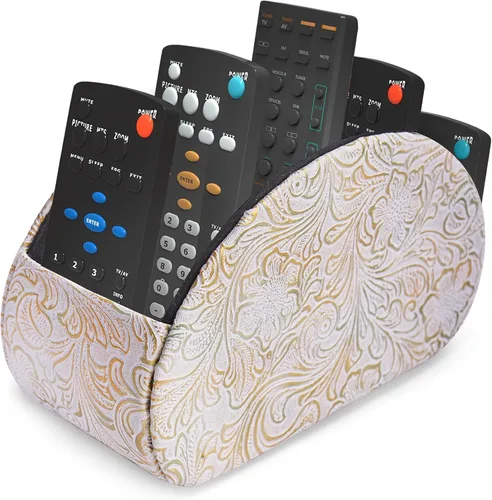 Vista 29 de QIELIZI Soporte para control remoto, organizador de escritorio de piel sintética con 5 compartimentos espaciosos para controles remotos de TV
