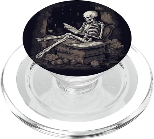 Vista 8 de Bibliotecario esqueleto gótico gótico gótico amante de la lectura de libros PopSockets intercambiables PopGrip