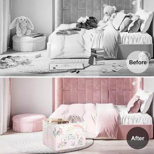Vista 2 de Clastyle Cesta de almacenamiento rectangular de elefantes durmientes, color rosa, arcoíris, para niñas, con nube, luna, baby shower, ropa