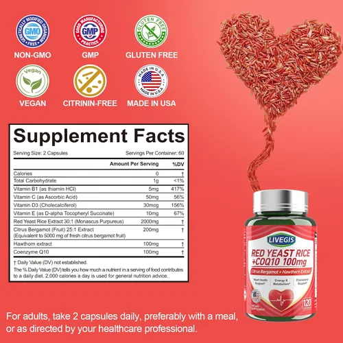 Vista 5 de Arroz de levadura roja de 2000 mg con CoQ10 100 mg - Suplemento de salud cardíaca sin citrinina con bergamota cítrica y espino - Apoya niveles