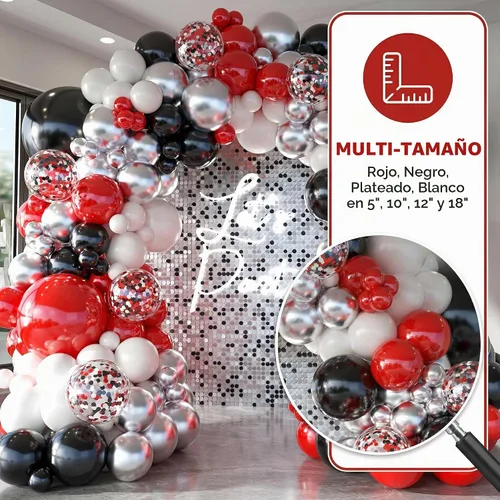 Vista 4 de Kit de arco de globos negros y rojos, guirnalda de globos plateados, globos de confeti blanco, decoración de cumpleaños, aniversario de boda