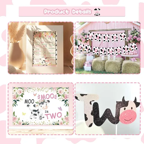 Vista 9 de Moo Moo Im Two Decoraciones de Cumpleaños para Niña, Decoraciones de 2do Cumpleaños para Niña, Telón de Fondo con Tema de Vaca, Pancarta de Globos