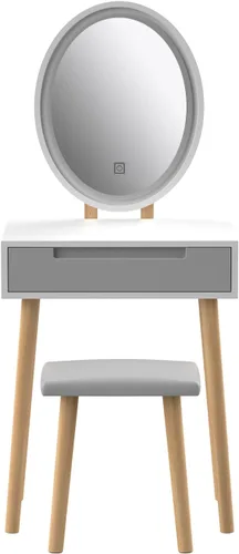 Vista 7 de YOURLITE Pequeño escritorio de tocador con espejo y luces, escritorio de maquillaje con silla y cajones para espacio pequeño, tocador gris
