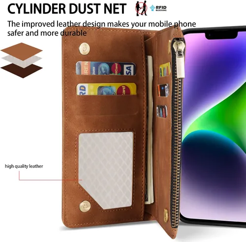 Vista 2 de ZZXX Funda tipo cartera para iPhone 14 Plus con [Bloqueo RFID] Ranura para tarjetas Cuero PU suave premium con cremallera tipo folio plegable