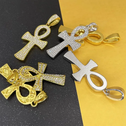 Vista 2 de ZeaLian Collar de cruz de circonita, hip hop, chapado en oroplata, cristal egipcio, collar de cruz de cristal egipcio copto Ankh, joyería
