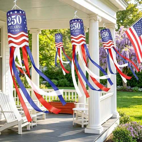 Vista 7 de 2Pcs 250 Years American Windsocks Decorations, Double Sided Red White Blue 250th Anniversary 1776-2026 WindSock for 4th July Memorial Day Patriotic