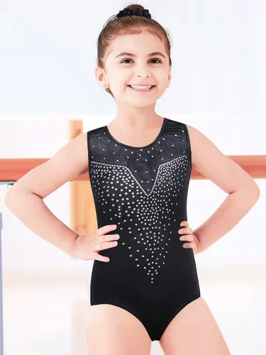 Vista 2 de BAOHULU Leotardos de gimnasia para niñas y niños pequeños con lentejuelas brillantes y parte superior de malla para bailar