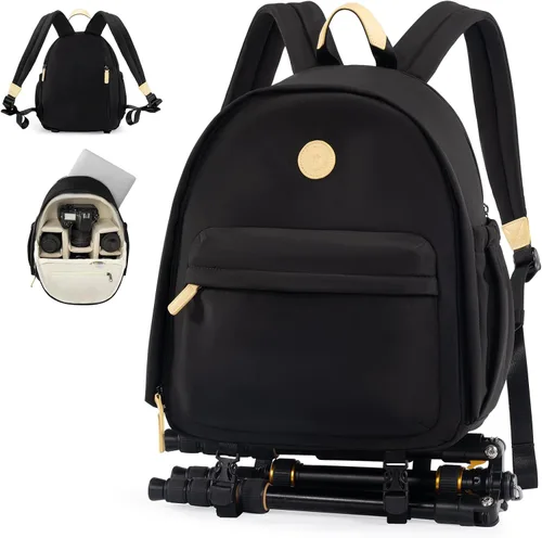 Vista 10 de Cwatcun Mochila para cámara pequeña para mujer, bolsa de cámara réflex digital de moda con correa de trípode, compartimento para laptop y divisores