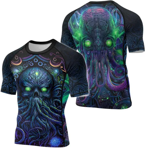 Vista 3 de Cthulhu - Camisa de compresión para hombre, manga corta, capa base, protección contra erupciones, adecuada para BJJ MMA Grappling V1
