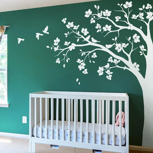 Vista 11 de Adhesivo decorativo para pared de árbol de esquina grande con flores grandes, pájaros y hojas para cuarto de bebé, mural 087