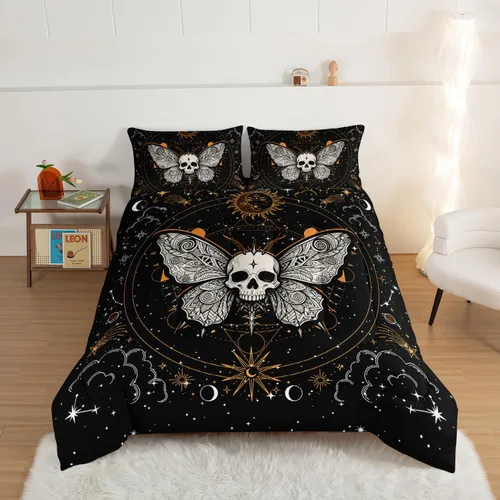 Vista 59 de HOSIMA Juego de edredón de decoración gótica, patrón de calaveras de polilla de la muerte, juego de cama de Halloween tamaño Queen para decoración