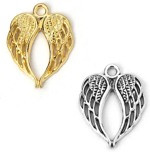 Vista 7 de JGFinds Dije de alas de ángel, paquete de 100 (50 plateadas, 50 en tono dorado) suministros para hacer joyas, pequeñas alas de metal de 7/8 pulgadas