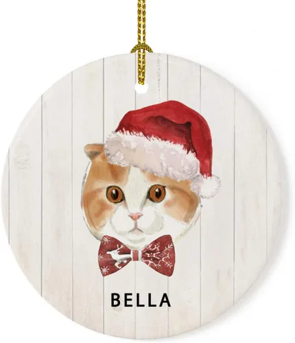 Vista 13 de Andaz Press Adorno redondo personalizado de cerámica para árbol de Navidad, abisinio, corona de acebo, sombrero de Papá Noel, con gráfico de gato