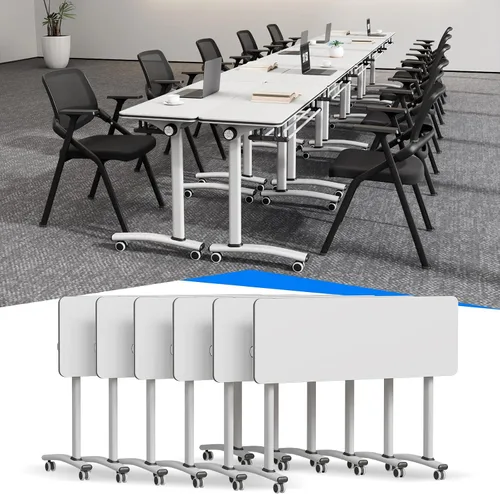 Vista 17 de Mesas de sala de conferencias blancas, mesa de conferencias rectangular plegable con ruedas para reuniones grandes, seminario en casa, oficina Gris