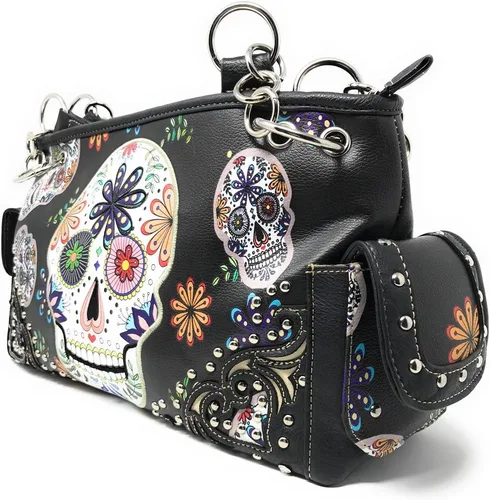 Vista 4 de Texas West Bolso de mano Flora Candy Skull para mujer y cartera a juego en 3