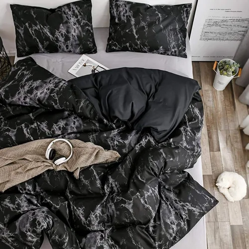 Vista 6 de Juego de ropa de cama cómoda, 3 piezas/juego de fundas de almohada, diseño mármol UE, tamaño doble, funda de edredón de poliéster mármol P