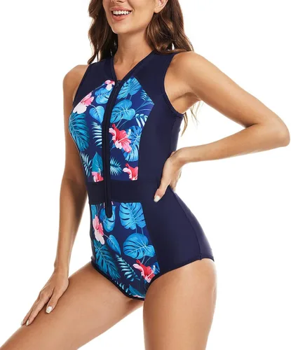 Vista 4 de YATEEN Traje de baño de una pieza sin mangas con cremallera frontal para mujer, sunshine